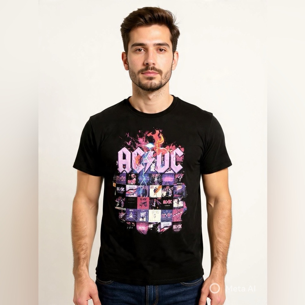 AC/DC Black Graphic Short Sleeve T-Shirt with Pink and Purple Print